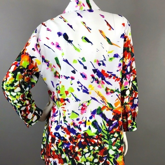 CHELSEA & THEODORE White Multicolor Abstract Ruffle Blouse Size M - Picture 2 of 7